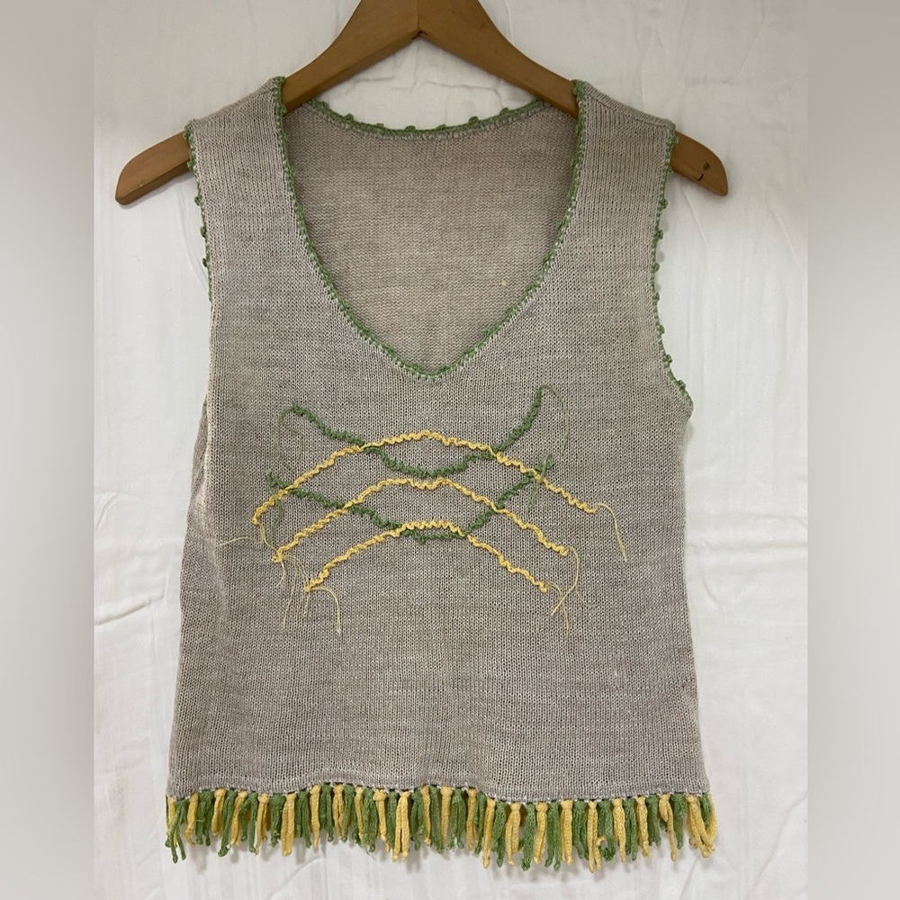 Linen  Knit Top with Green and Yellow Tassels